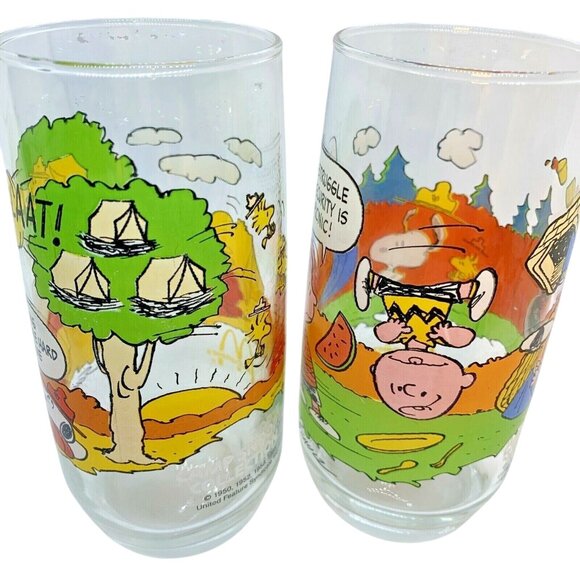 Two McDonalds ORIGINAL 1970S Peanuts Camp Snoopy Collection Glasses Charlie Brow - Picture 8 of 12